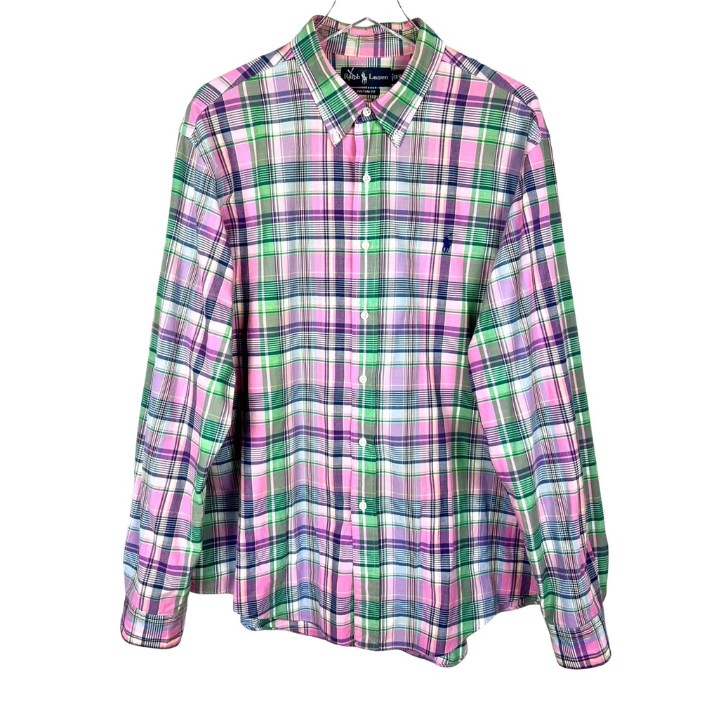 Vintage Polo Ralph Lauren Mens XXL Custom Fit Plaid Shirt Pink Green Purple